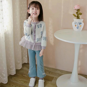 韩国儿童假两件网纱拼接毛衣开衫韩版春季新款女童纯棉针织衫外套