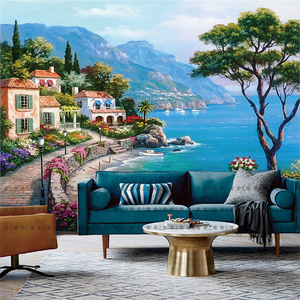 欧式风景油画电视背景墙纸轻奢大气客厅沙发壁画3d地中海自粘壁纸