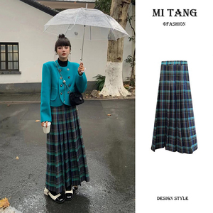 MI TANG/米汤 小众复古格纹拖地半身裙女秋季高腰设计感百褶长裙