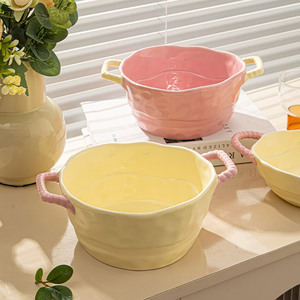 陶瓷双耳汤碗带勺家用2024新款大号面碗大碗水果沙拉碗高级感汤盆
