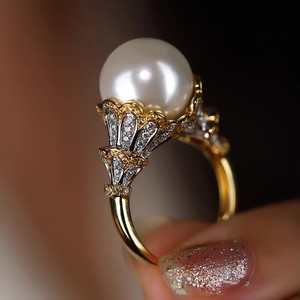vintage意大利织纹雕金蕾丝花边双色金珍珠戒指镶钻高级指环戒指