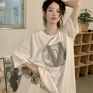 商场专柜短袖T恤女夏季韩版宽松休闲圆领印花体桖上衣设计感小众