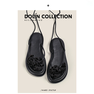 Dolin collection仙女风山茶花凉鞋女夏配裙子黑色绑带夹趾平底鞋
