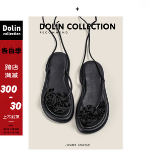 Dolin collection仙女风山茶花凉鞋女夏配裙子黑色绑带夹趾平底鞋