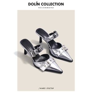 Dolin collection凉拖鞋女外穿时尚高级感皮带扣银色尖头高跟鞋夏