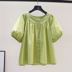 花边衬衫女2024夏季圆领灯笼袖可爱风果绿色棉衬衣时尚上衣潮