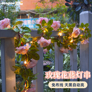 太阳能户外灯玫瑰花串灯藤条灯串庭院花园栅栏装饰阳台栏杆氛围灯