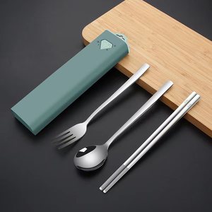 316不锈钢筷子勺子套装三件套便携式餐具学生户外抽拉盒餐具套装