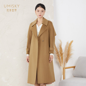 umisky优美世界女装冬季款羊毛羊绒大衣系带中长毛呢外套VG4E2005
