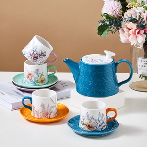 松发瓷器精品釉中彩浮雕茶具茶水壶咖啡杯碟下午茶花茶套装陶瓷