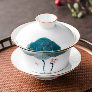 手绘特大号陶瓷盖碗茶杯单个养生黑米三泡台八宝茶三才茶碗300ml