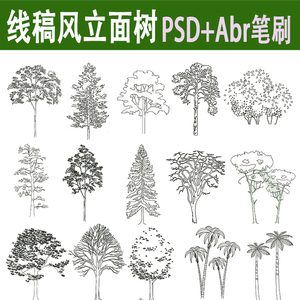 景观建筑线稿风植物PS植物手绘立面树笔刷abr画笔psd后期分层素材