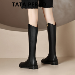 TATA PERKO联名女靴秋冬季侧拉链平底长靴不过膝小个子高筒骑士靴