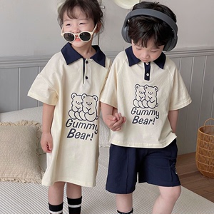 韩国兄妹装夏季儿童套装男女童卡通拼色POLO衫长袖短裤两件套班服