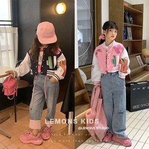 韩国波拉童装2023春季新款儿童字母绣片拼色外套夹克女童棒球服