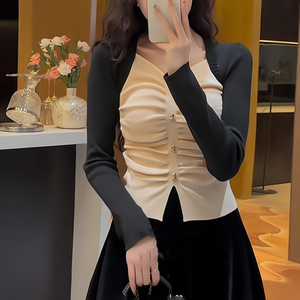 黑白拼接针织毛衣女修身褶皱显瘦打底衫V领假两件设计感气质高级