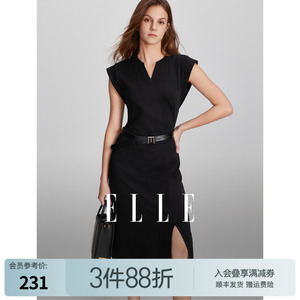 ELLE黑色设计感收腰开叉修身连衣裙女2024夏季新款简约小众裙子