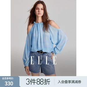 ELLE蓝色度假风露肩短款雪纺衫女2024夏季新款设计感气质长袖上衣