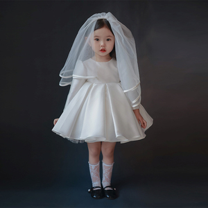 花童婚礼小女孩周岁女宝宝礼服女童白色缎面公主裙儿童生日轻奢春