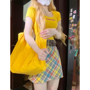 黄色正肩短袖t恤女夏季修身显瘦小个子chic甜辣妹多巴胺短款上衣