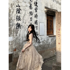 新中式连衣裙仙气超仙森系茶歇法式小众设计网纱拼接国风吊带裙子