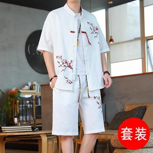 高端中国风刺绣休闲套装男士夏季薄款唐装短袖衬衫国潮新中式汉服