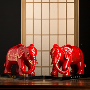 陶瓷大象摆件一对招财镇宅红色瓷器大象吸水吸财象金象商务礼品