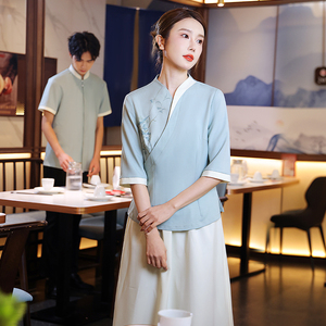 茶楼工作服女中式餐饮酒店饭店餐厅前台接待迎宾服务员服装五分袖