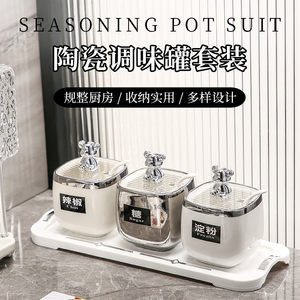 轻奢银色陶瓷调料盒套装厨房家用高端调味罐调味瓶盐味精罐子带盖