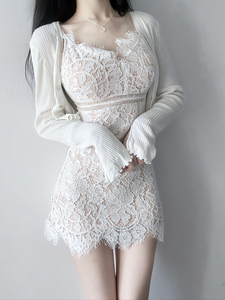 性感连衣裙女蕾丝超短裙无袖包臀白色气质名媛外穿夏季新款2023年