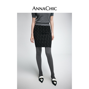 ANNACHIC黑色波点半身裙女春季新款高级感时尚小个子短款包臀裙子