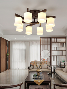 新中式吊灯LED中国风客厅灯3/5/8头餐厅卧室书房间灯胡桃木色创意