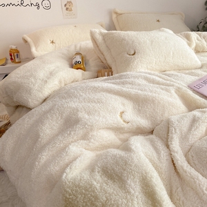 冬季珊瑚绒四件套星星图案泰迪绒加厚保暖床单被套床上用品