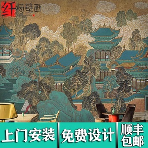 新中式手绘建筑庙堂国风壁画复古摄影拍照墙布古色风电视背景墙纸