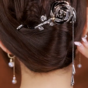 高级感优雅玫瑰花扭扭夹镶钻流苏气质时尚发夹女后脑勺抓夹发卡