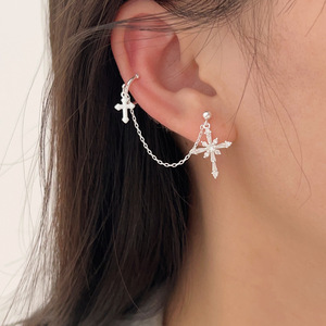 SINSE银饰 十字架镶钻耳钉女S925纯银个性小众耳线设计感仙女耳环