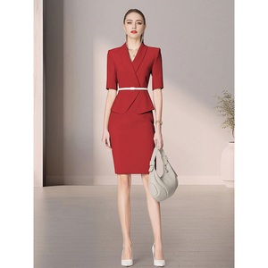 红色连衣裙2023新款主持人正装假两件西装裙气质干练女装职业套裙