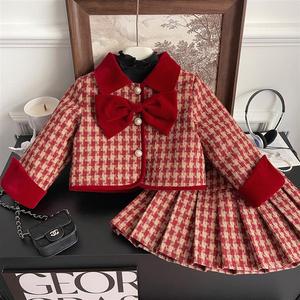 2023冬季新款小香风韩版圣诞套装女童加厚夹棉外套百褶裙