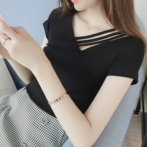 DX短袖t恤女2024夏季新款韩版ins潮原宿风V领设计感小心机上衣服