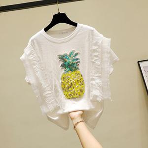 韩国设计感短袖T恤女夏季钉珠亮片菠萝图案木耳边小众体恤上衣