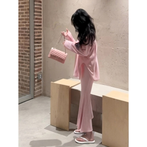 韩国小香风套装2024新款爆款秋款粉色泡泡袖卫衣开叉半身裙两件套