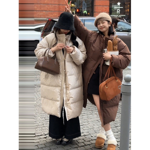韩版纯色羽绒棉服外套女2023年冬季小个子立领宽松过膝中长款大衣