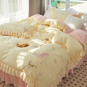 韩版夏季网红款纯棉少女心床罩四件套全棉公主风带花边被套床裙式