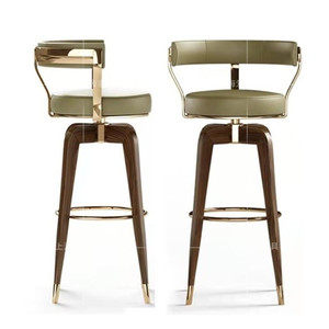 美式轻奢不锈钢吧椅现代简约创意酒吧椅旋转接待吧台椅实木高脚椅