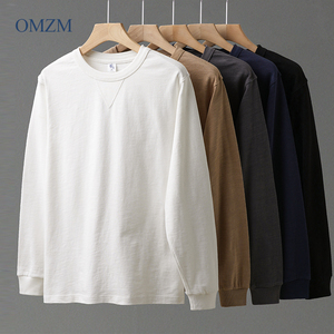 OMZM400g重磅纯棉长袖t恤男春季宽松倒三角圆领卫衣纯白色打底衫