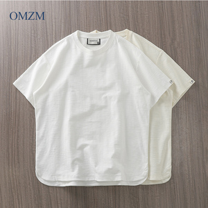 OMZM美式340g重磅竹节棉短袖T恤男夏季高级感透气纯白色全棉半袖