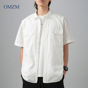 OMZM美式重磅纯棉工装衬衫男短袖夏季高级感宽松口袋白色衬衣外套