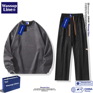 WASSUP LINE潮牌重磅麂皮绒套装男裤子青年上衣长袖长裤两件套宽