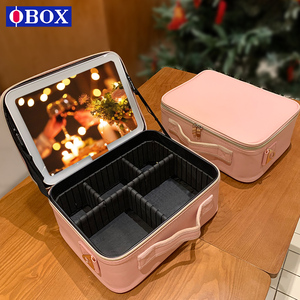 OBOX化妆包带灯镜子便携手提大容量简约出行旅游专用收纳箱LED灯