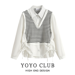 YOYO CLUB条纹拼接Polo领衬衫秋季女装新款韩版抽绳假两件上衣潮